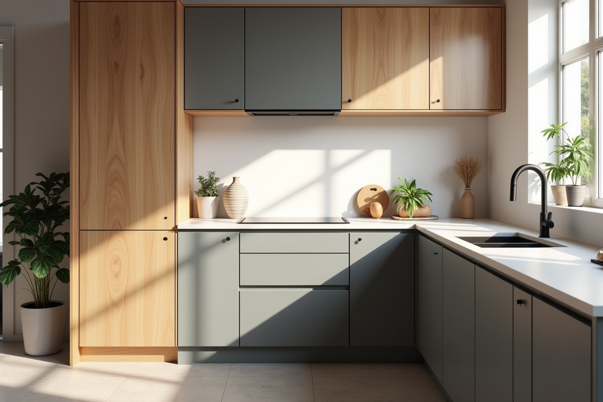 Cuisines rénovées avec portes en gris mat et bois naturel