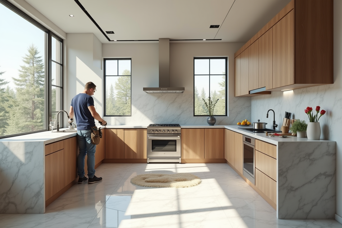 Cuisine moderne en rénovation avec un plan de travail en marbre