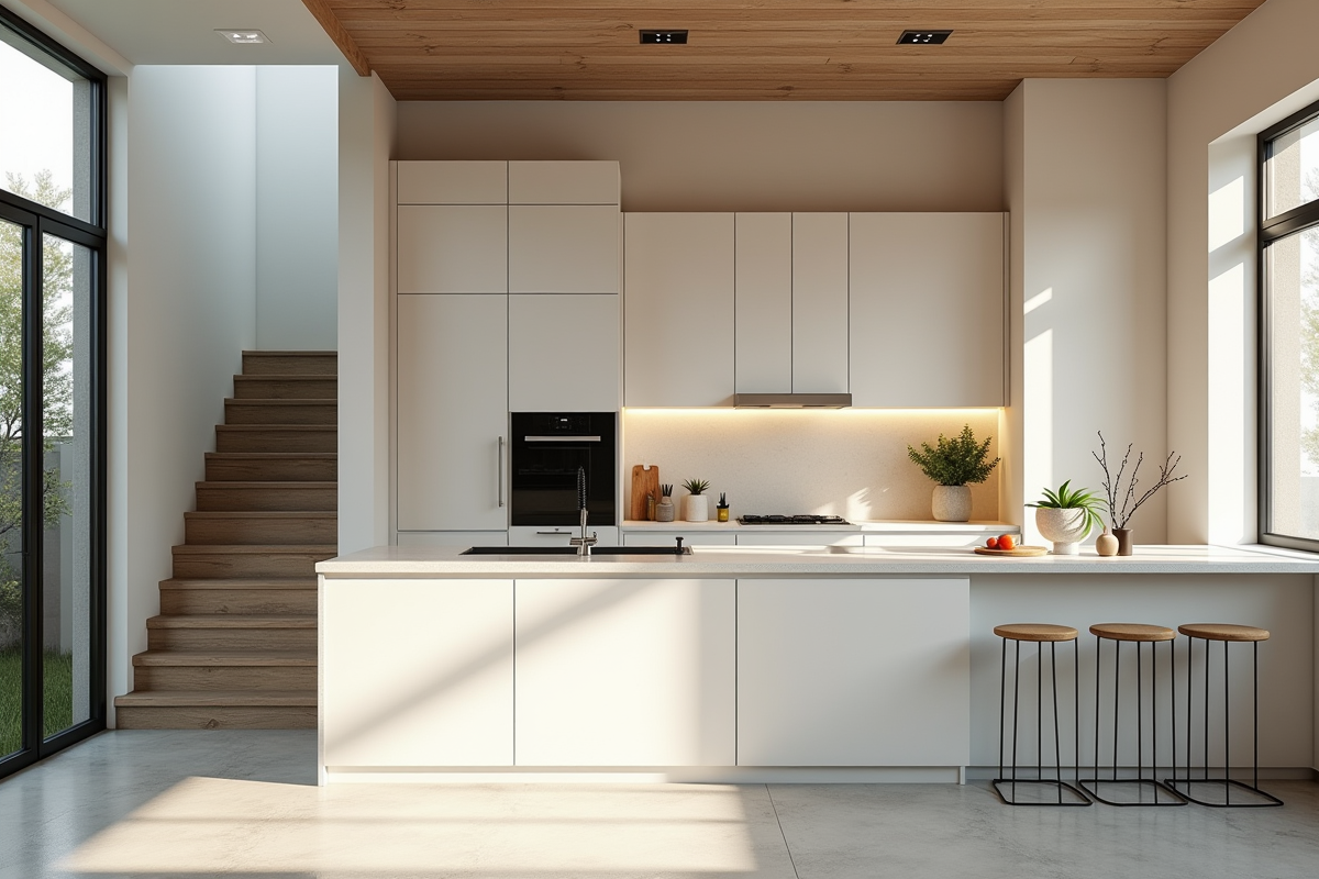 Cuisine souplex rénovée avec jardin intérieur et escalier