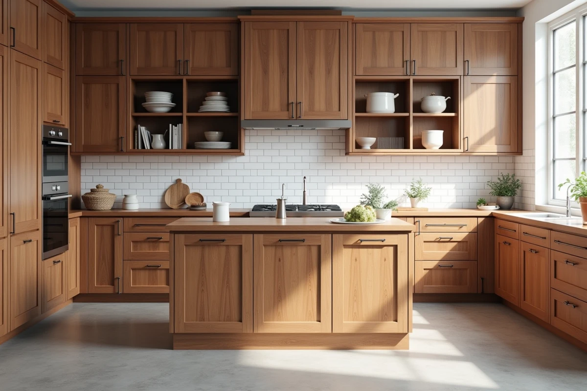 Cuisine sur mesure en noyer naturel style Shaker avec îlot central en bois massif dans un showroom d'ébénisterie