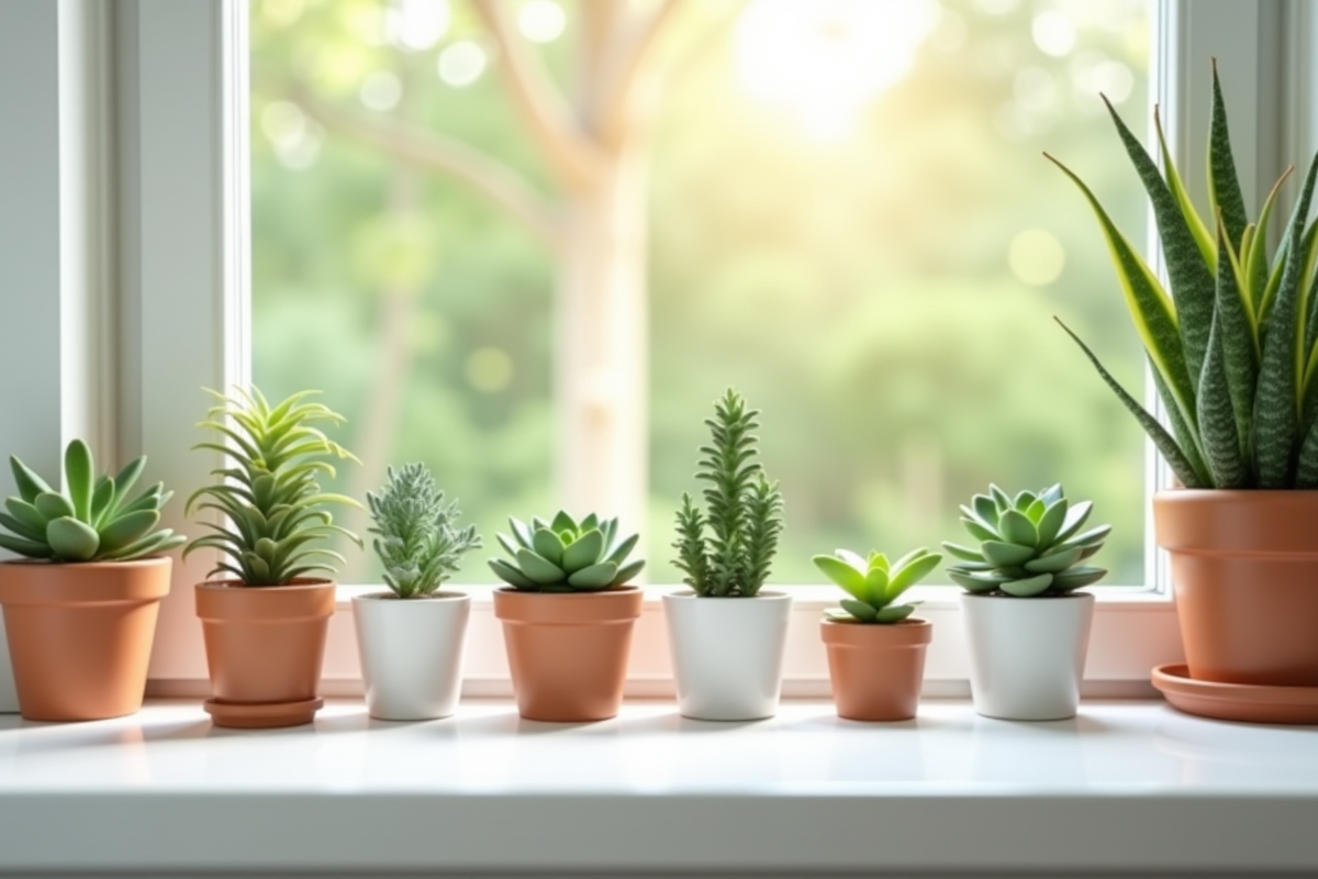 Cuisine lumineuse avec succulentes et plante serpent