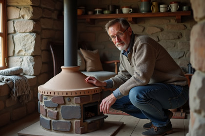 Homme d'âge moyen ajustant un poêle en terre cuite dans une cabane rustique