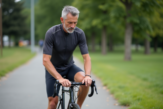 Homme en cyclisme ajuste sa selle de vélo sur un chemin
