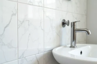 Dalle murale PVC blanc effet marbre installée dans une salle de bain de location, vue de face avec lavabo et robinetterie chromée