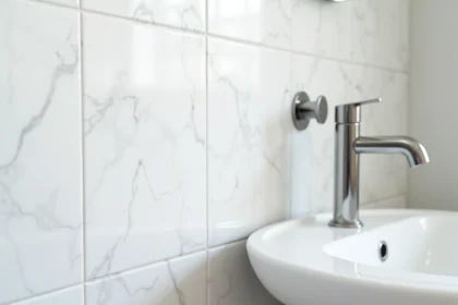 Dalle murale PVC blanc effet marbre installée dans une salle de bain de location, vue de face avec lavabo et robinetterie chromée
