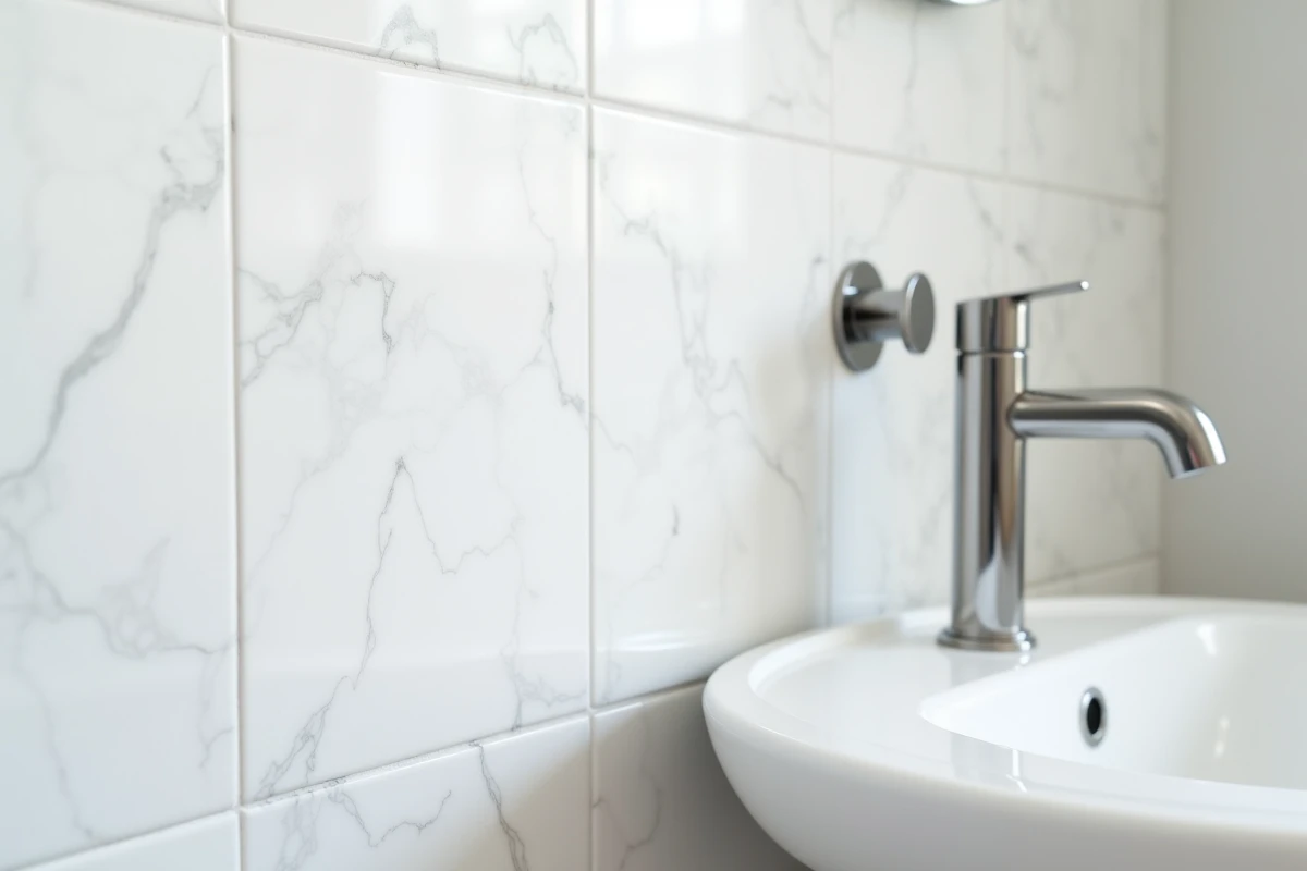 Dalle murale PVC blanc effet marbre installée dans une salle de bain de location, vue de face avec lavabo et robinetterie chromée