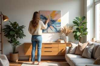 Femme élégante accrochant une peinture abstraite dans un salon lumineux