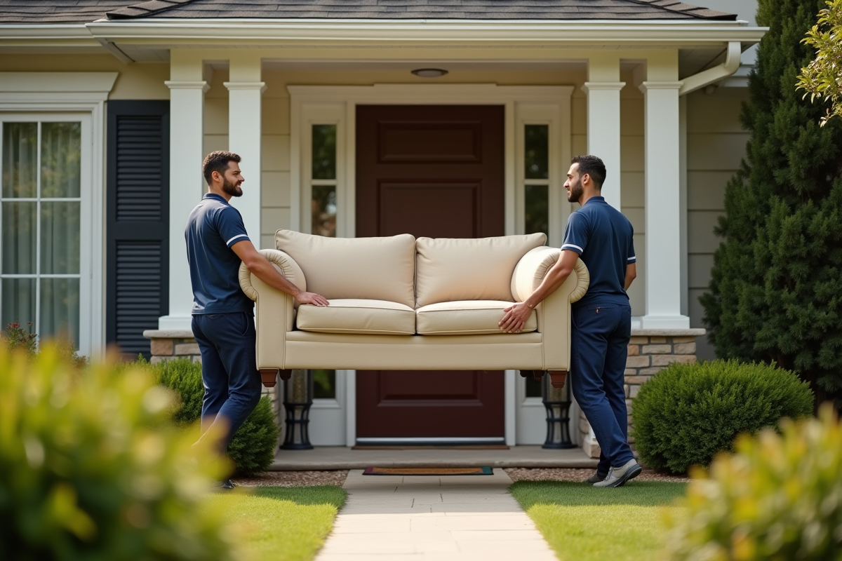 Deux déménageurs portant un canapé beige devant une maison ensoleillée