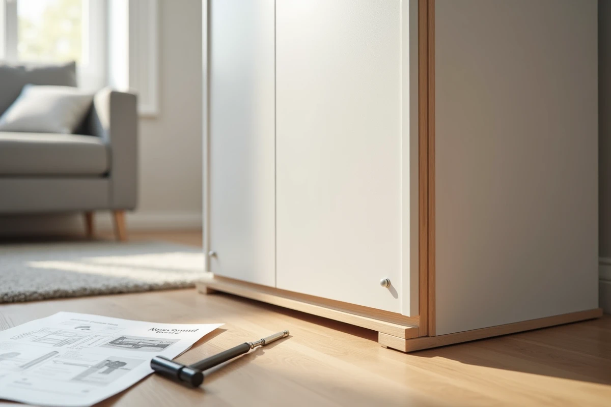 Détail d'une armoire en mélaminé blanc de chez BUT en cours de montage, montrant les fixations et la qualité de fabrication