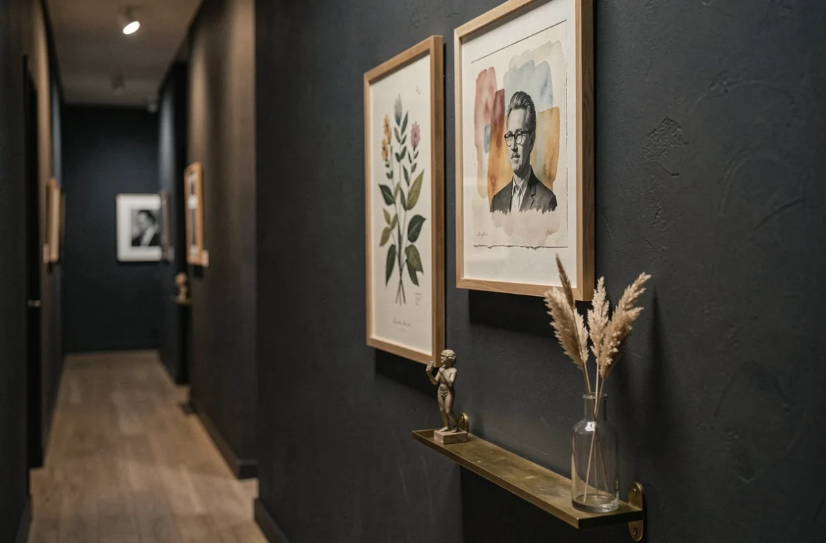 Détail d'un mur sombre en couloir avec cadres galerie style salon, tablette laiton et compositions botaniques