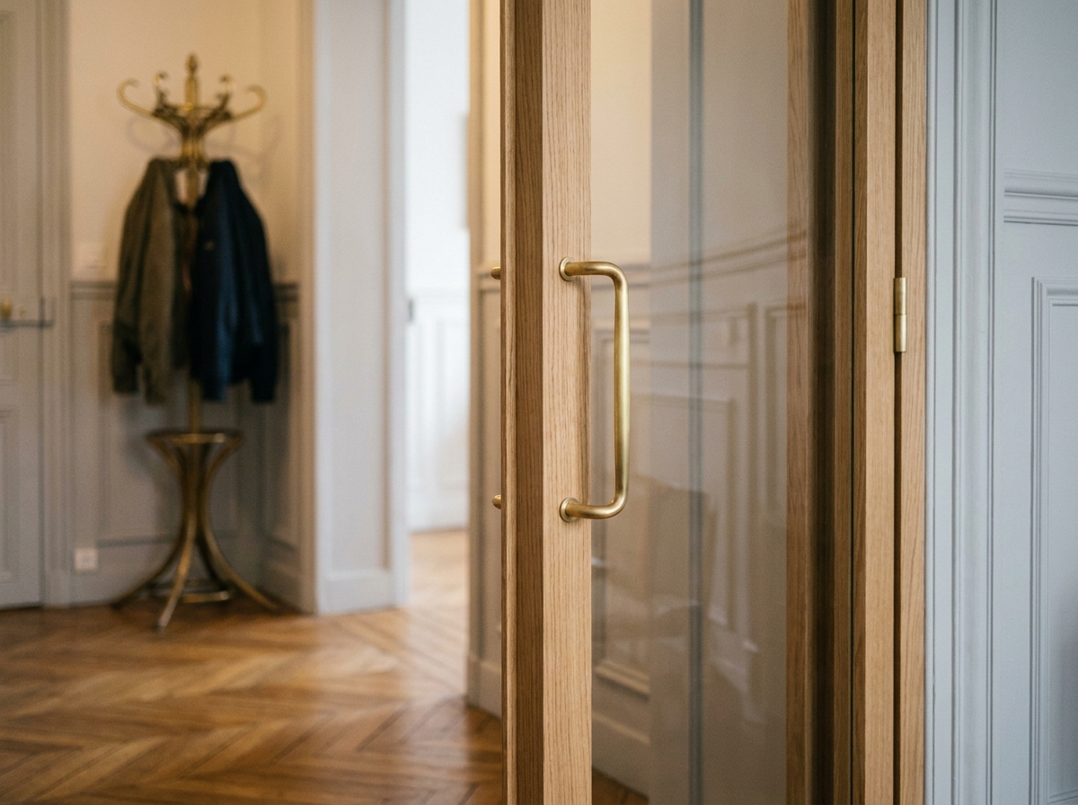 Détail d'une porte battante vitrée en bois de chêne avec poignée en laiton dans un couloir de style haussmannien
