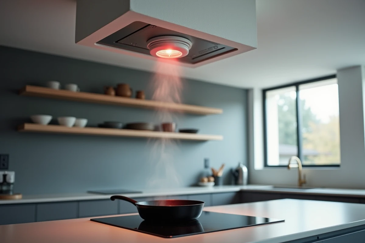 Détecteur de fumée au plafond avec LED rouge allumée au-dessus d'une plaque de cuisson dégageant de la vapeur
