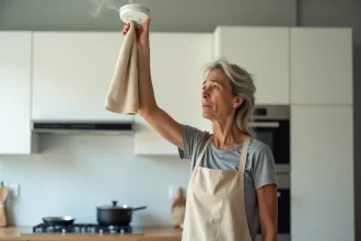 Femme agitant un torchon sous un détecteur de fumée qui sonne dans une cuisine moderne après la cuisson