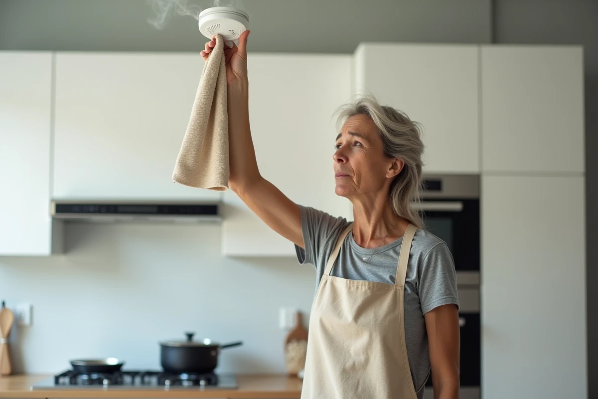 Femme agitant un torchon sous un détecteur de fumée qui sonne dans une cuisine moderne après la cuisson