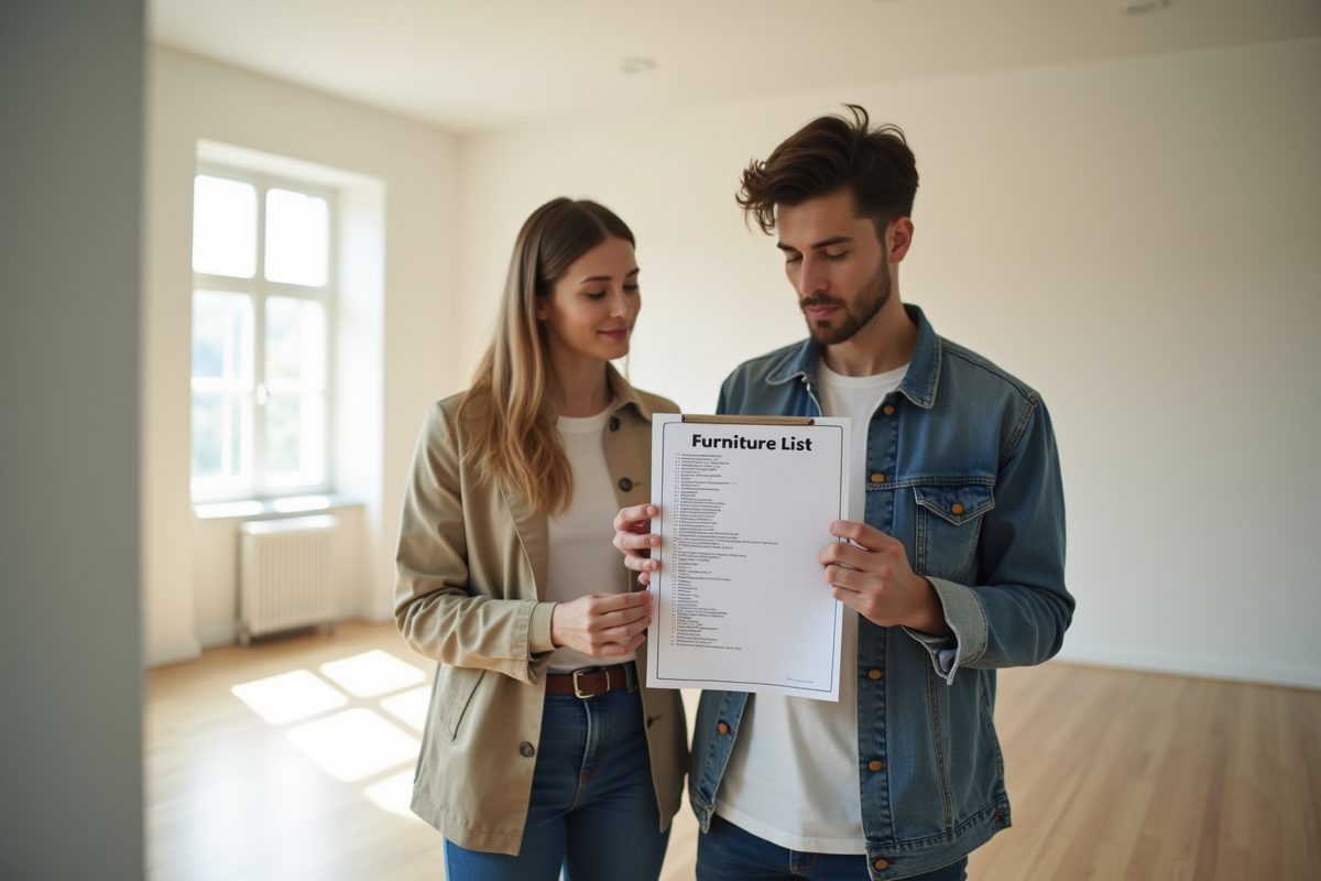 Deux personnes vérifiant une liste de meubles dans un appartement