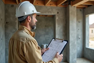 Professionnel du bâtiment consultant un devis de gros œuvre sur chantier avec murs en béton brut et coffrage en bois