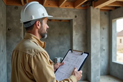 Professionnel du bâtiment consultant un devis de gros œuvre sur chantier avec murs en béton brut et coffrage en bois
