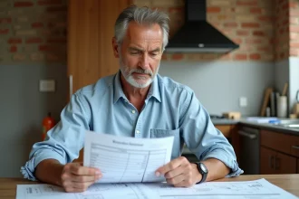Homme étudiant un devis de rénovation à une table de cuisine en travaux, avec des plans et documents éparpillés