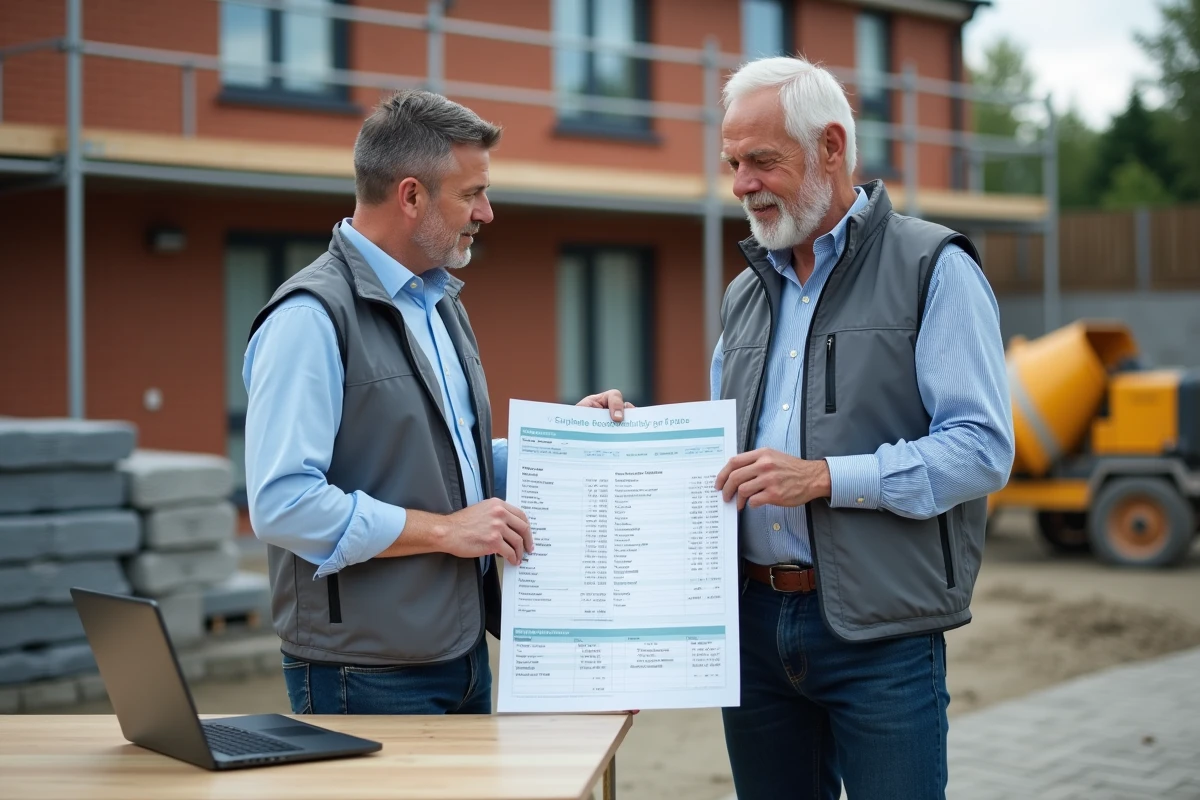 Conducteur de travaux et client examinant un devis détaillé poste par poste sur table de chantier extérieure