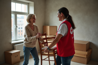 Femme accueillante aidant un bénévole de la Croix Rouge à transporter une chaise