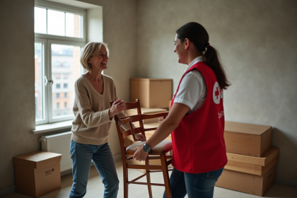 Femme accueillante aidant un bénévole de la Croix Rouge à transporter une chaise