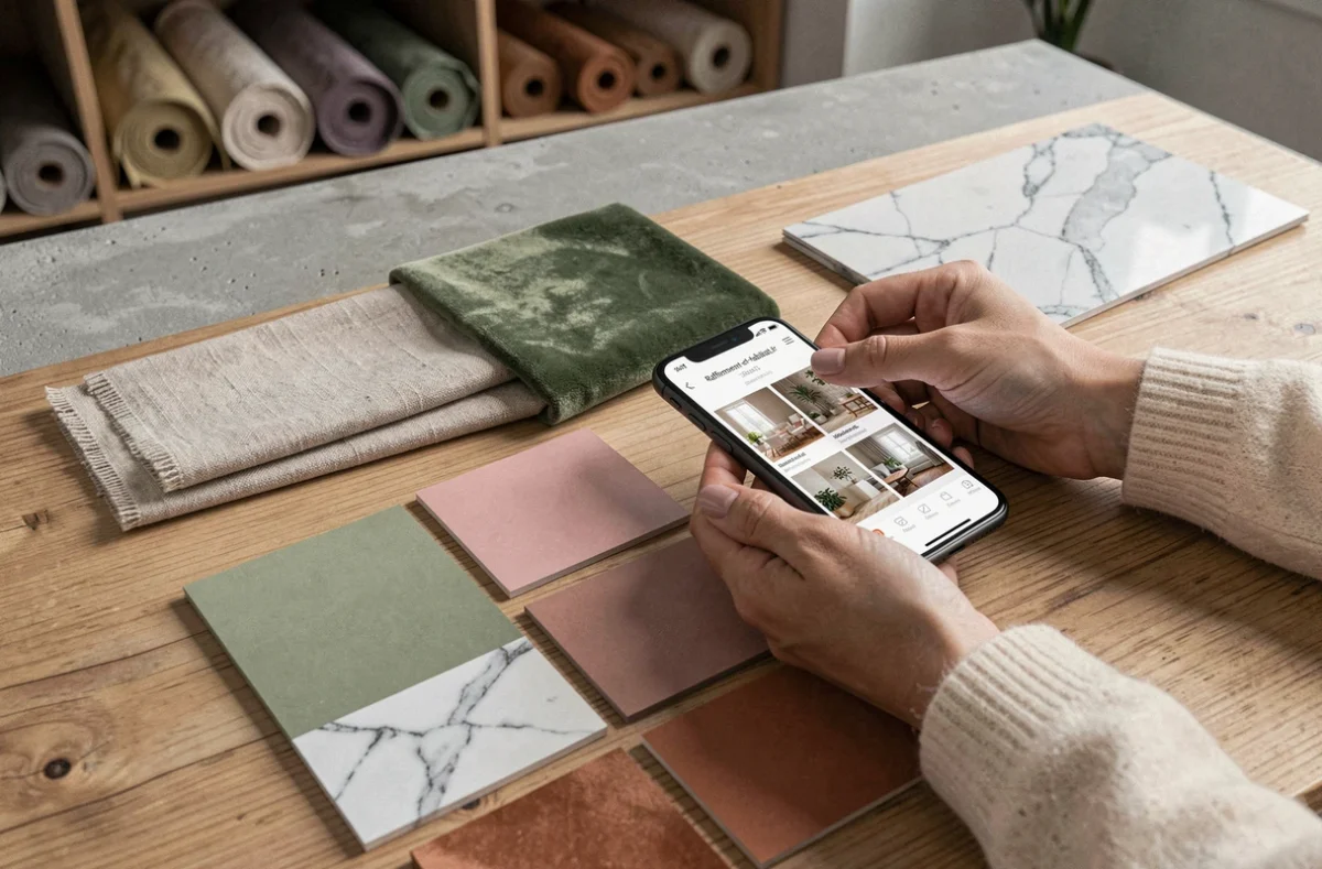 Échantillons de matières et palette de couleurs disposés autour d'un smartphone affichant l'appli déco Raffinement-et-habitat.fr sur un bureau design