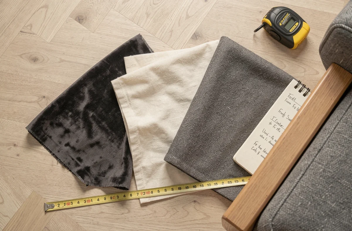 Trois échantillons de tissus pour housse de canapé méridienne posés sur parquet avec mètre ruban et notes de mesures