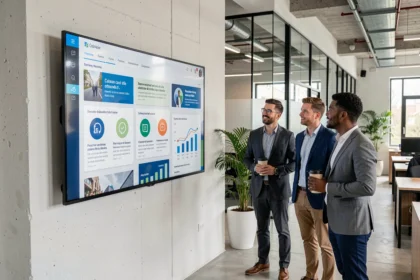 Écran de communication digitale interne affichant un tableau de bord d'entreprise dans un bureau moderne, avec des collègues consultant les informations au quotidien