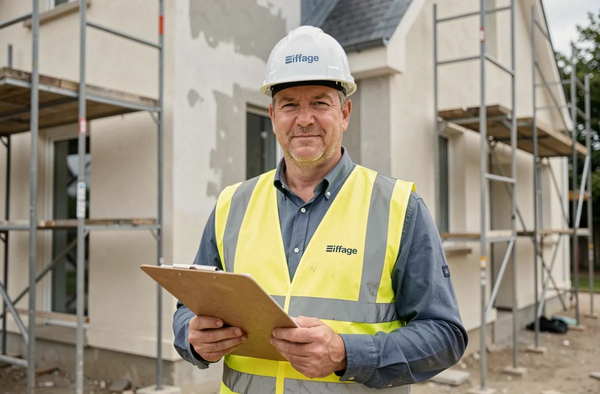 Professionnel Eiffage devant un bâtiment en cours de rénovation avec échafaudage et façade en cours d'enduit