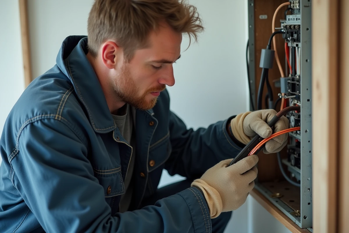 Électricien professionnel dénudant un fil électrique en cuivre devant un tableau électrique résidentiel