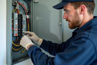 Électricien professionnel tenant un disjoncteur différentiel type A devant un tableau électrique résidentiel