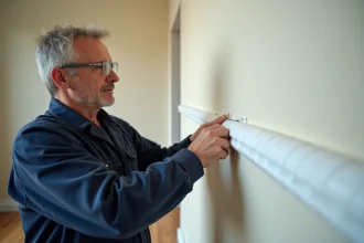 Électricien professionnel installant une prise dans une goulotte électrique PVC blanche fixée au mur