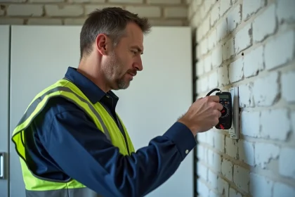 &Eacute;lectricien professionnel v&eacute;rifiant une prise triphas&eacute;e