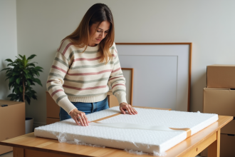 Femme enveloppant une grande peinture avec du bulle pour déménagement