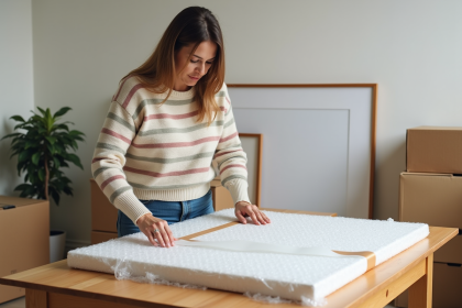 Femme enveloppant une grande peinture avec du bulle pour déménagement
