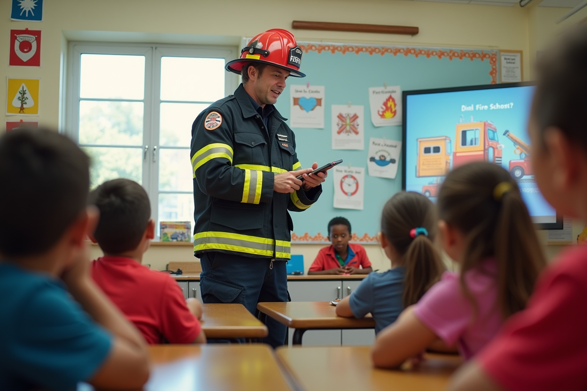 Pompiers enseignant la securite incendie aux enfants en classe