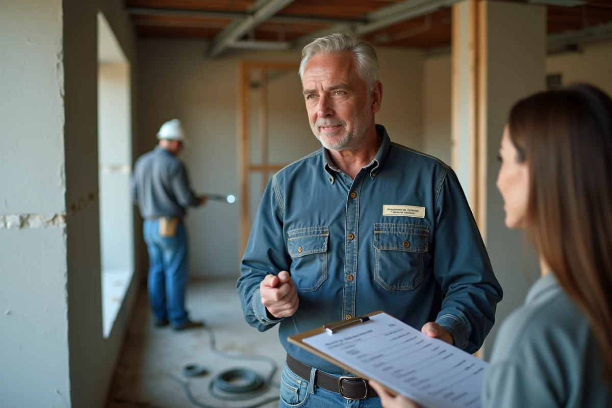 Entrepreneur en rénovation présentant un devis détaillé à son client sur un chantier de travaux