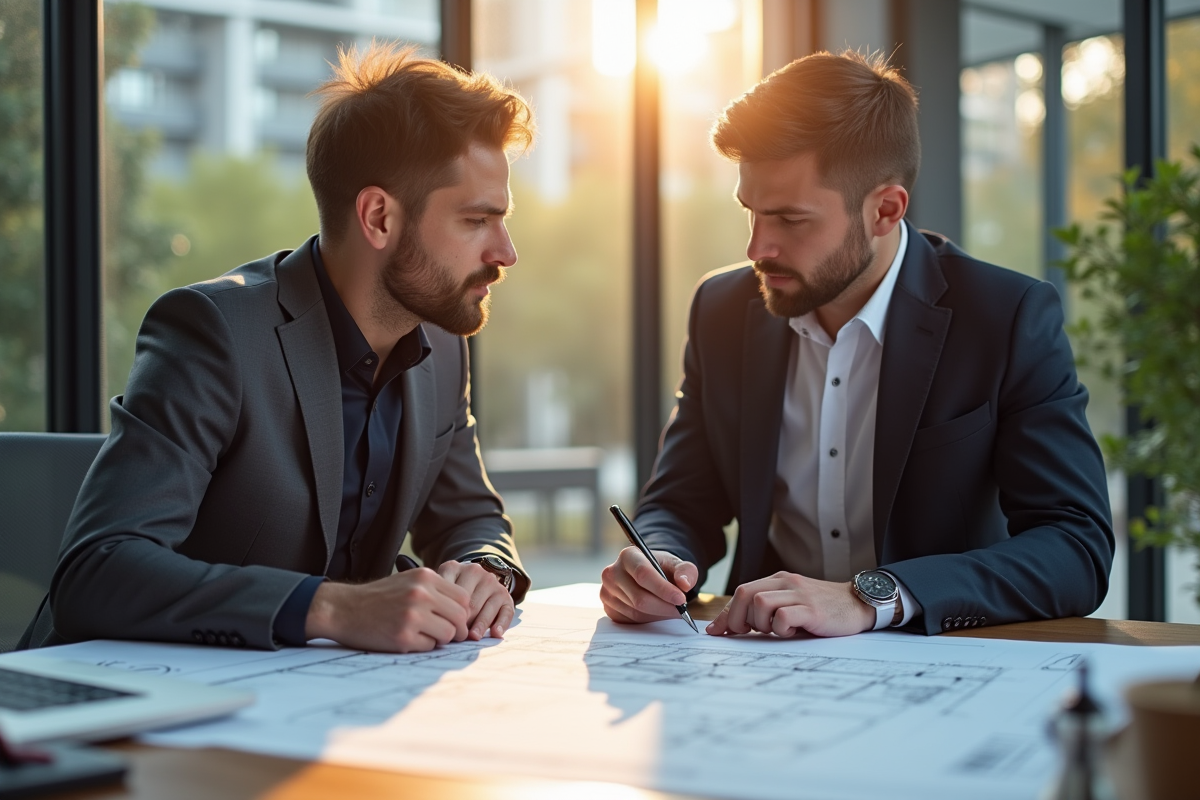 Deux professionnels discutent sur un bureau moderne ensoleille avec plans architecturaux