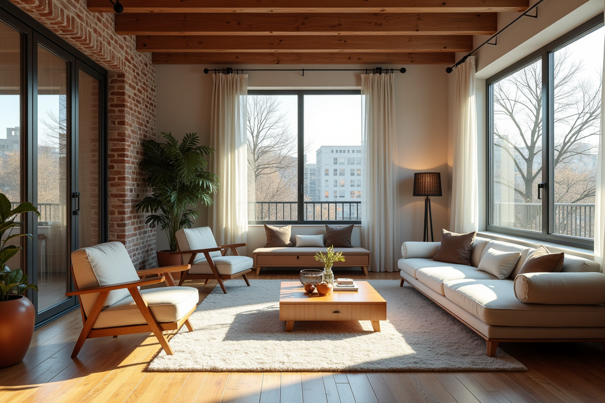 Salon souplex lumineux avec mobilier moderne et mur en briques