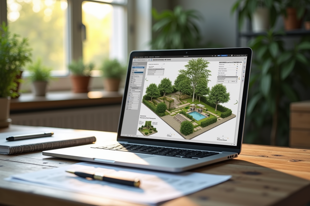 Espace de travail moderne d'un designer paysager avec plan 3D
