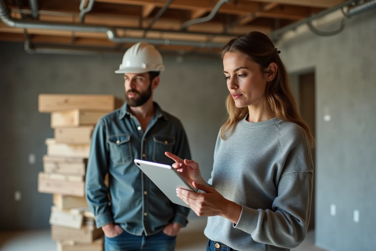 Femme et artisan consultant un outil d'estimation de rénovation sur tablette dans un appartement en cours de travaux