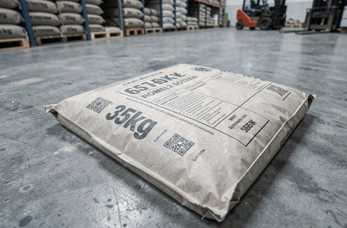 Gros plan sur l'étiquette technique d'un sac de ciment 35 kg posé sur un sol en béton