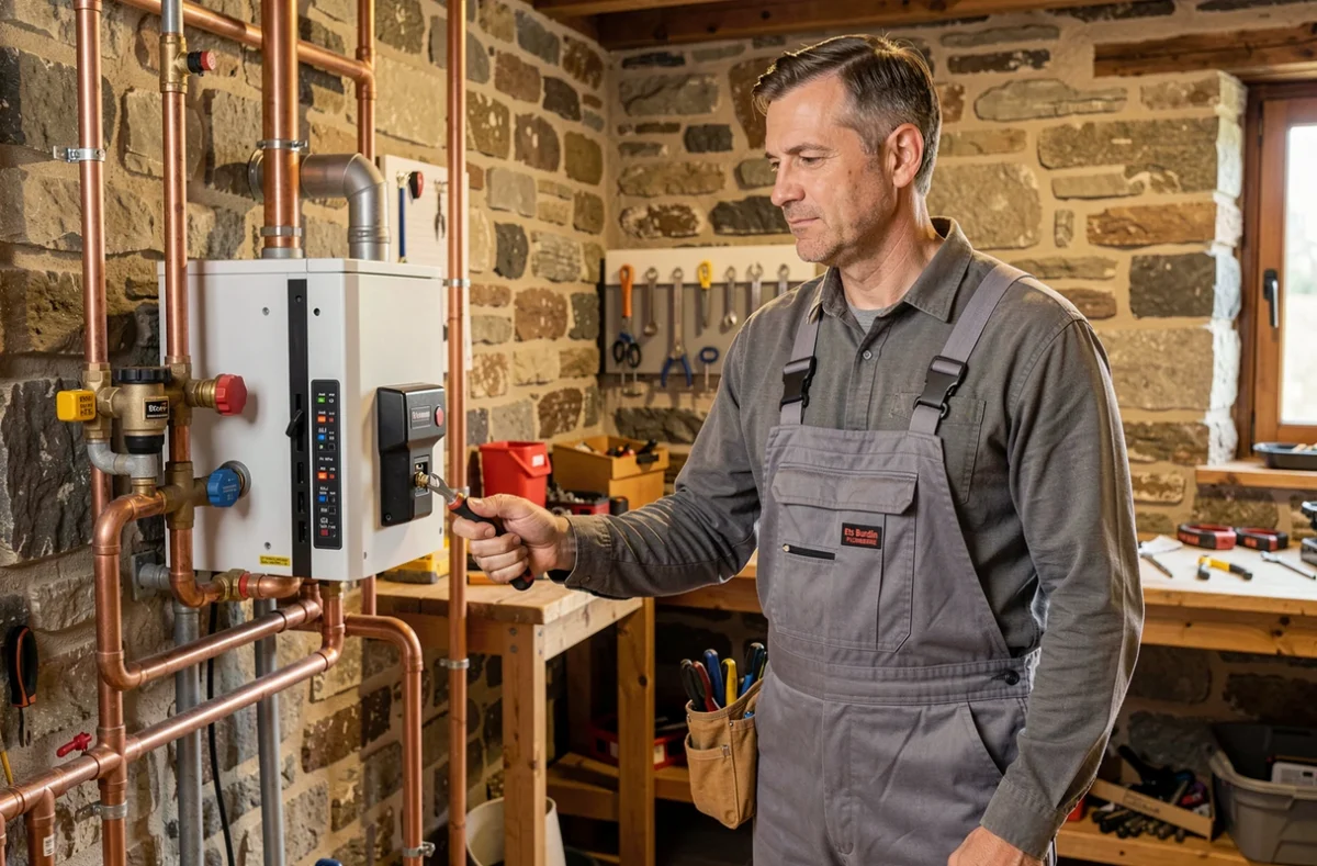 Plombier Ets Burdin connectant les tuyaux d'une pompe à chaleur dans une maison savoyarde