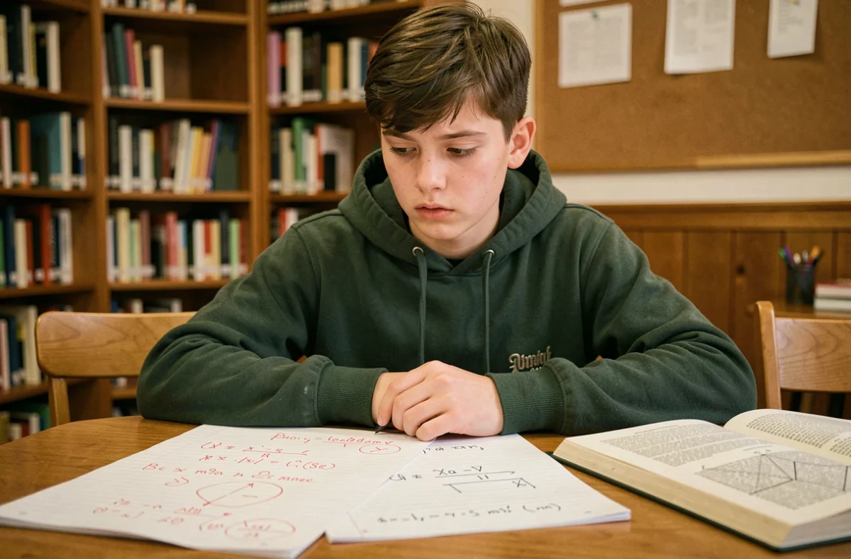 Étudiant comparant des exercices corrigés sur les erreurs de calcul de volume en mètres cubes en bibliothèque