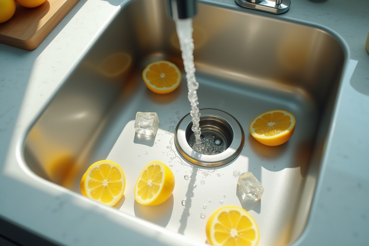 Évier propre avec décharge en acier et tranches de citron