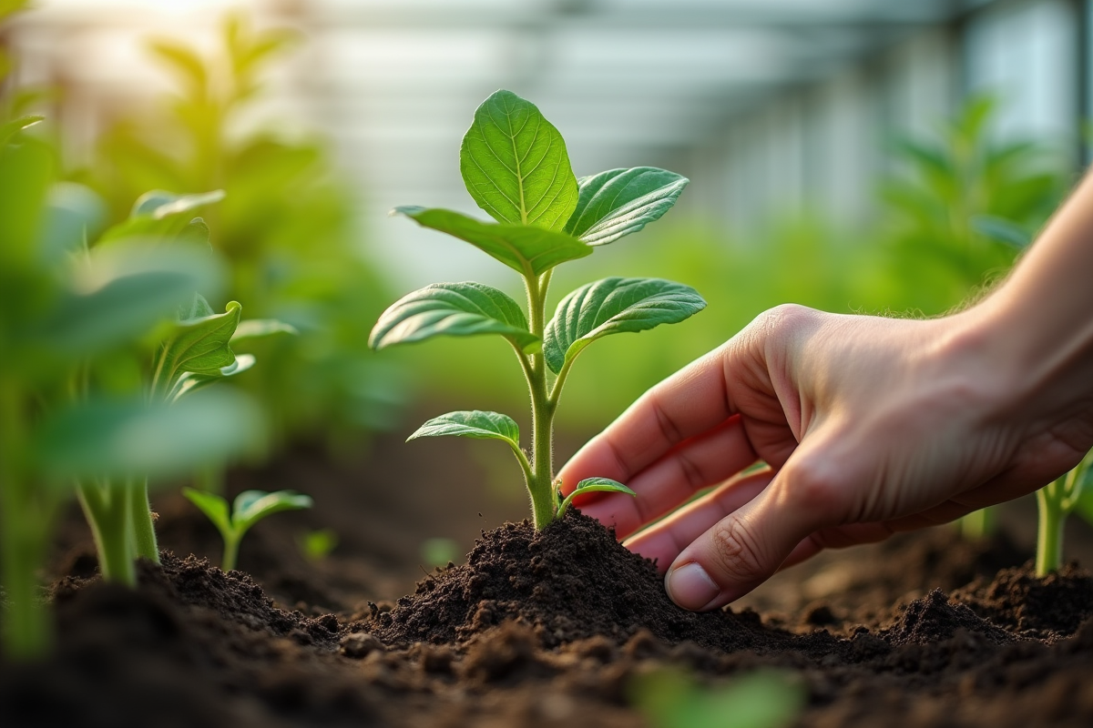 Mains examinant une jeune plante dans une serre