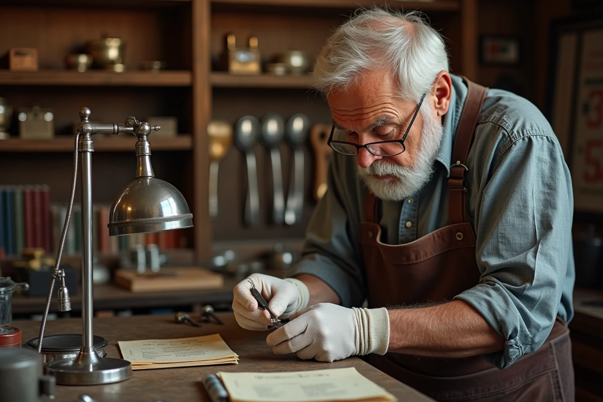 Orfèvre expert examinant le poinçon d'un couvert en argent ancien dans un atelier traditionnel