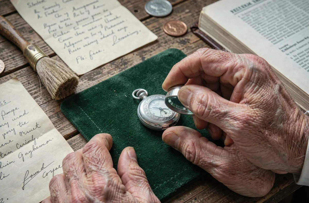 Mains d'un antiquaire expert inspectant une montre de gousset ancienne à la loupe lors d'une estimation à Caen