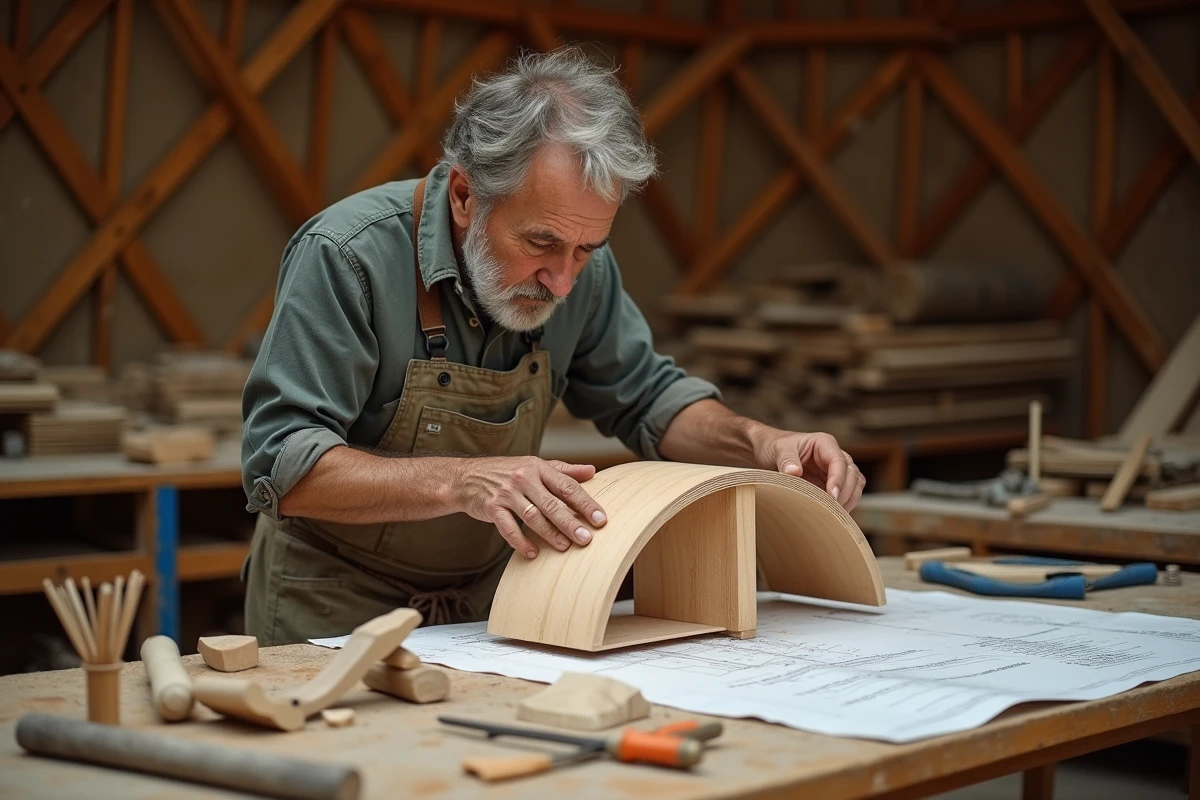Artisan français assemblant la roue de toit en bois d'une yourte dans son atelier, gros plan sur le savoir-faire traditionnel de fabrication