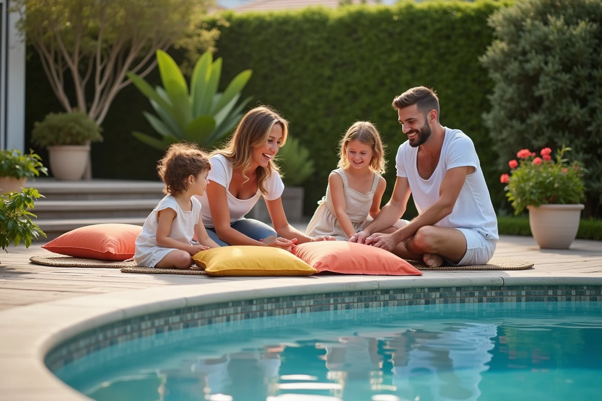 Famille souriante posant avec coussins autour de la piscine